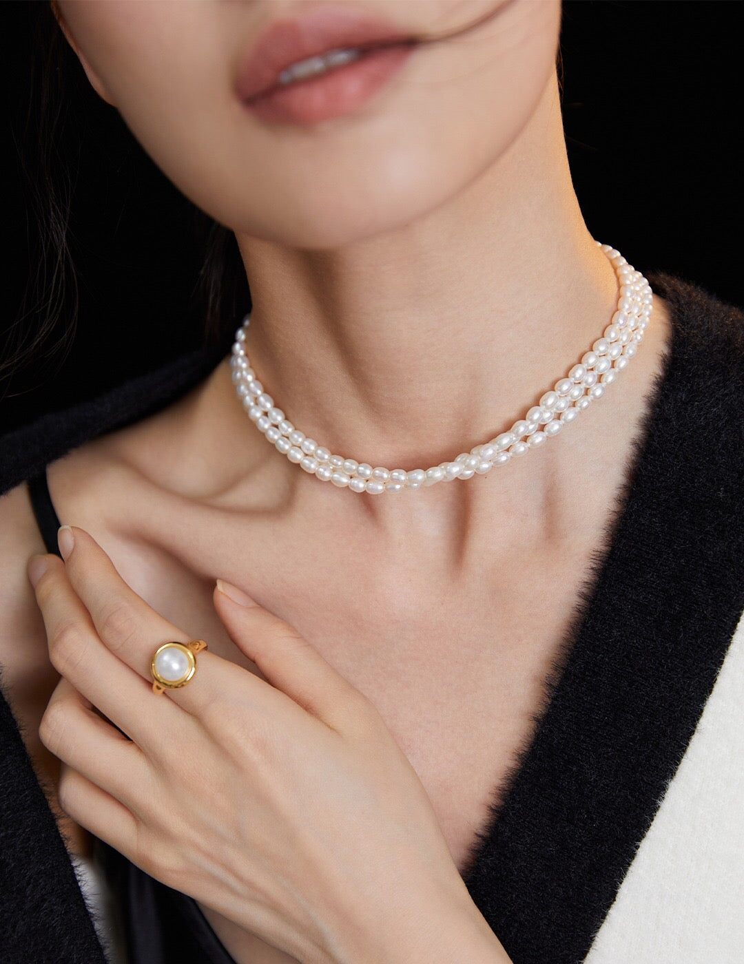 3-lagige Perlen-Choker-Halskette im Vintage-Stil