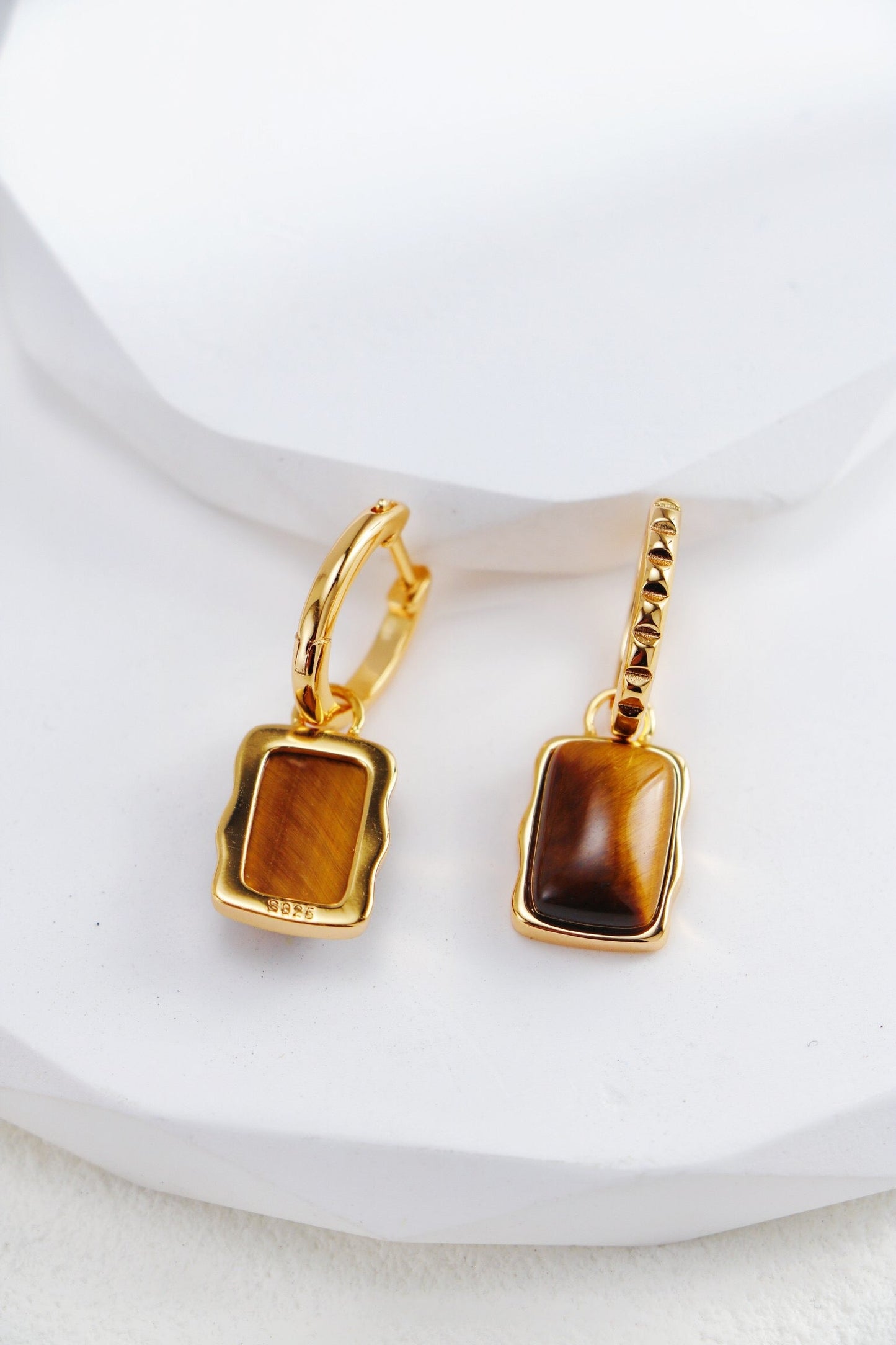 Rectangle Shape Tiger Eye Gemstone Drop Earrings