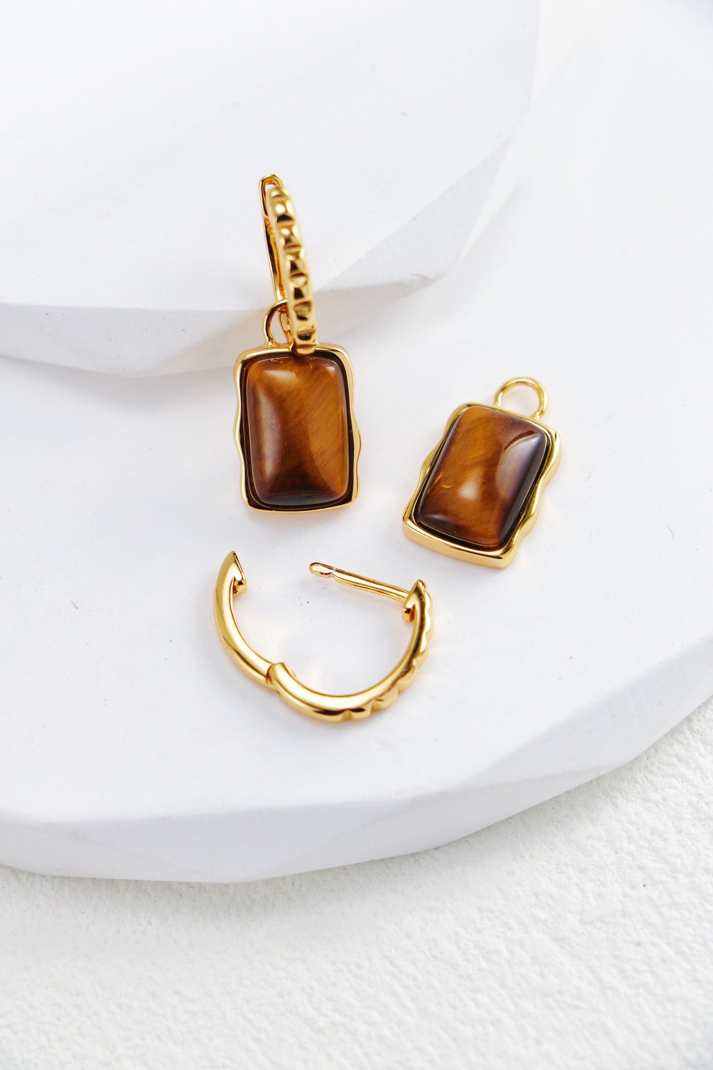 Rectangle Shape Tiger Eye Gemstone Drop Earrings