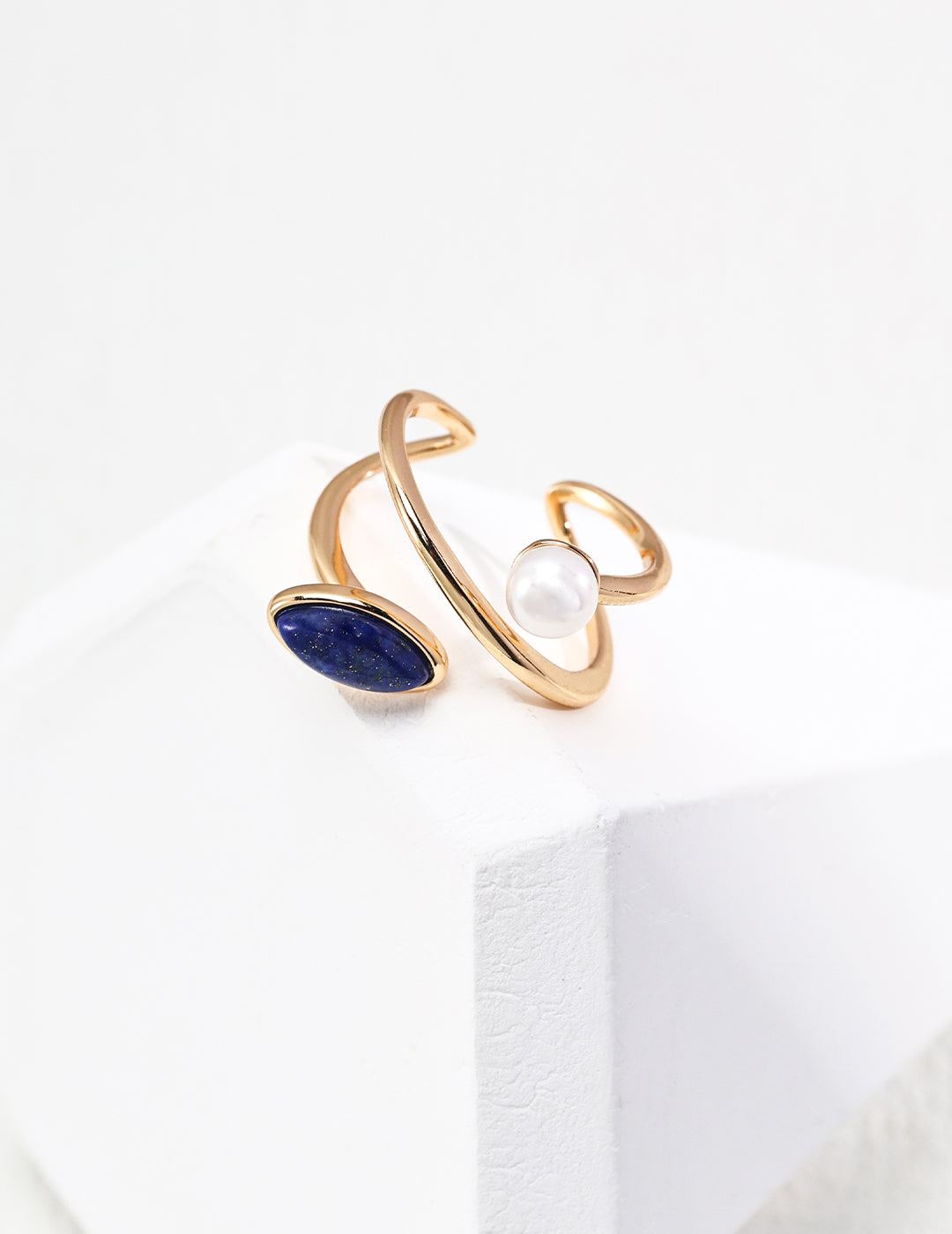 Modern Pearl and Lapis Lazuli Statement Ring