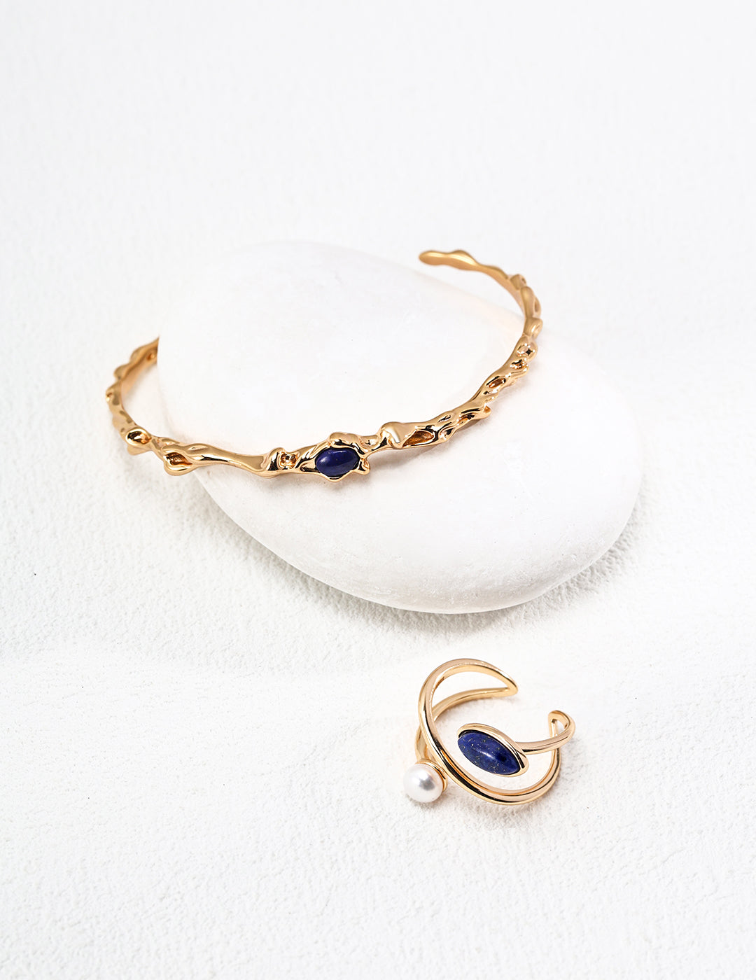 Modern Pearl and Lapis Lazuli Statement Ring