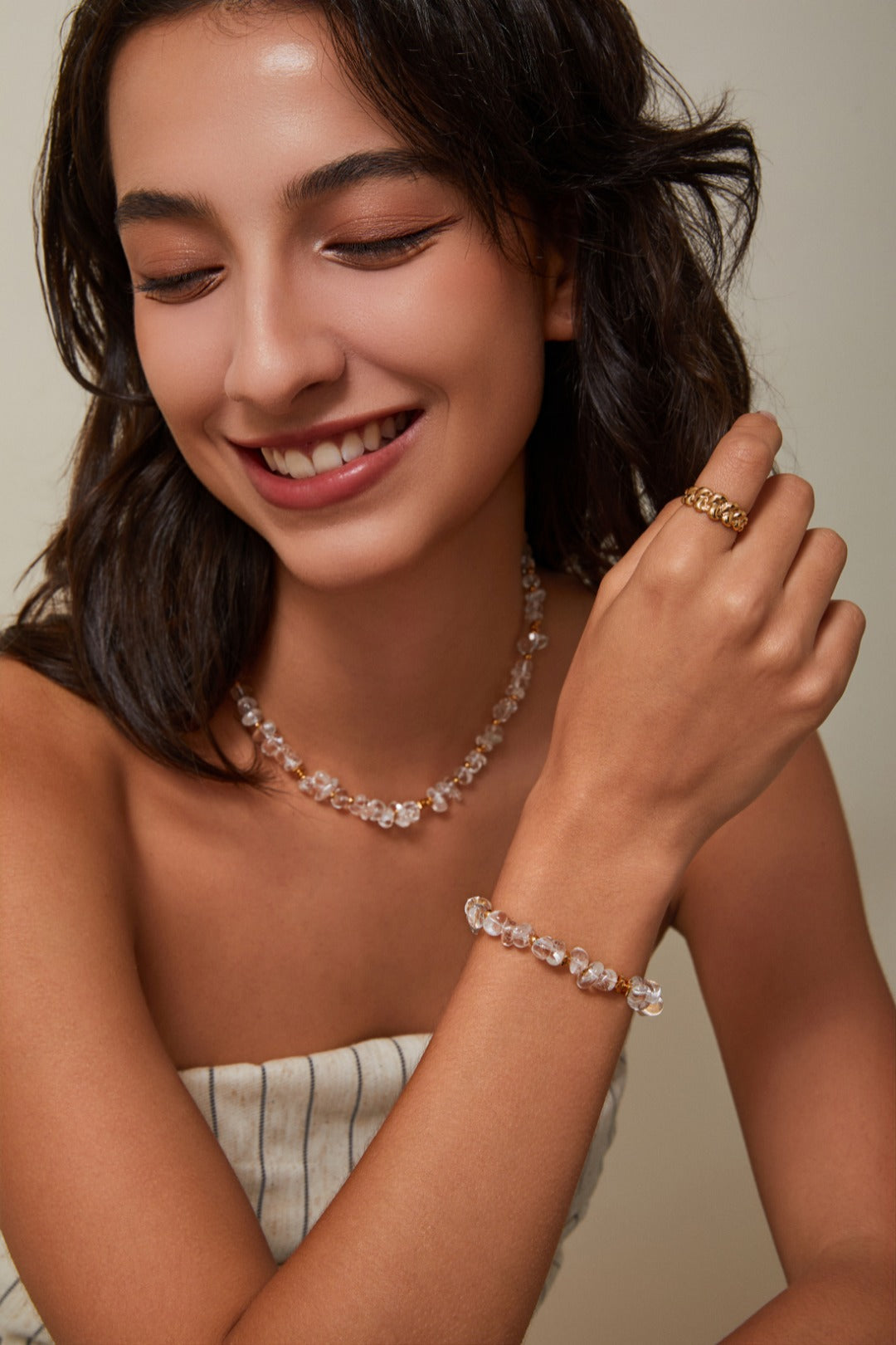 White Crystal with Gold Beads Necklace