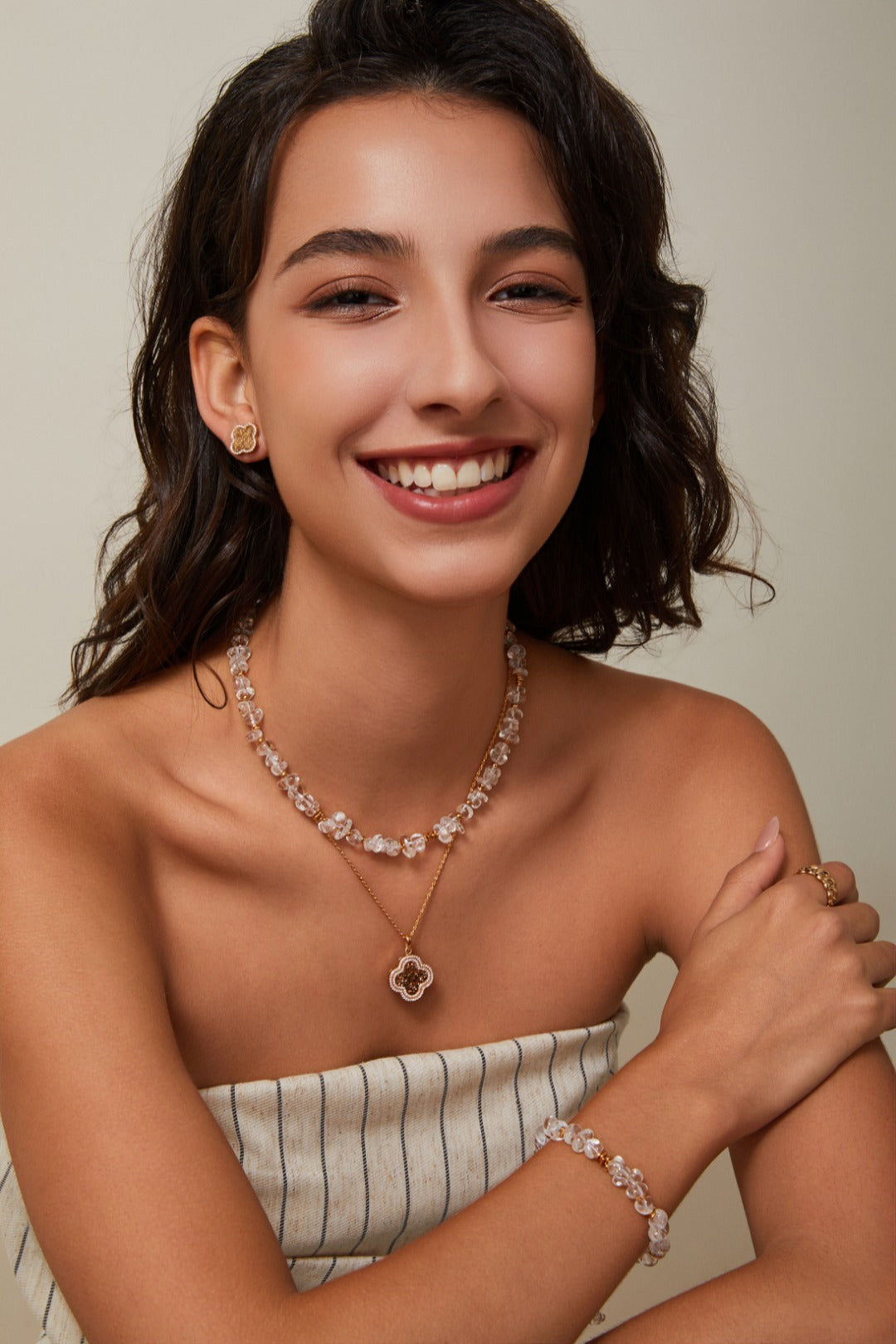 White Crystal with Gold Beads Necklace