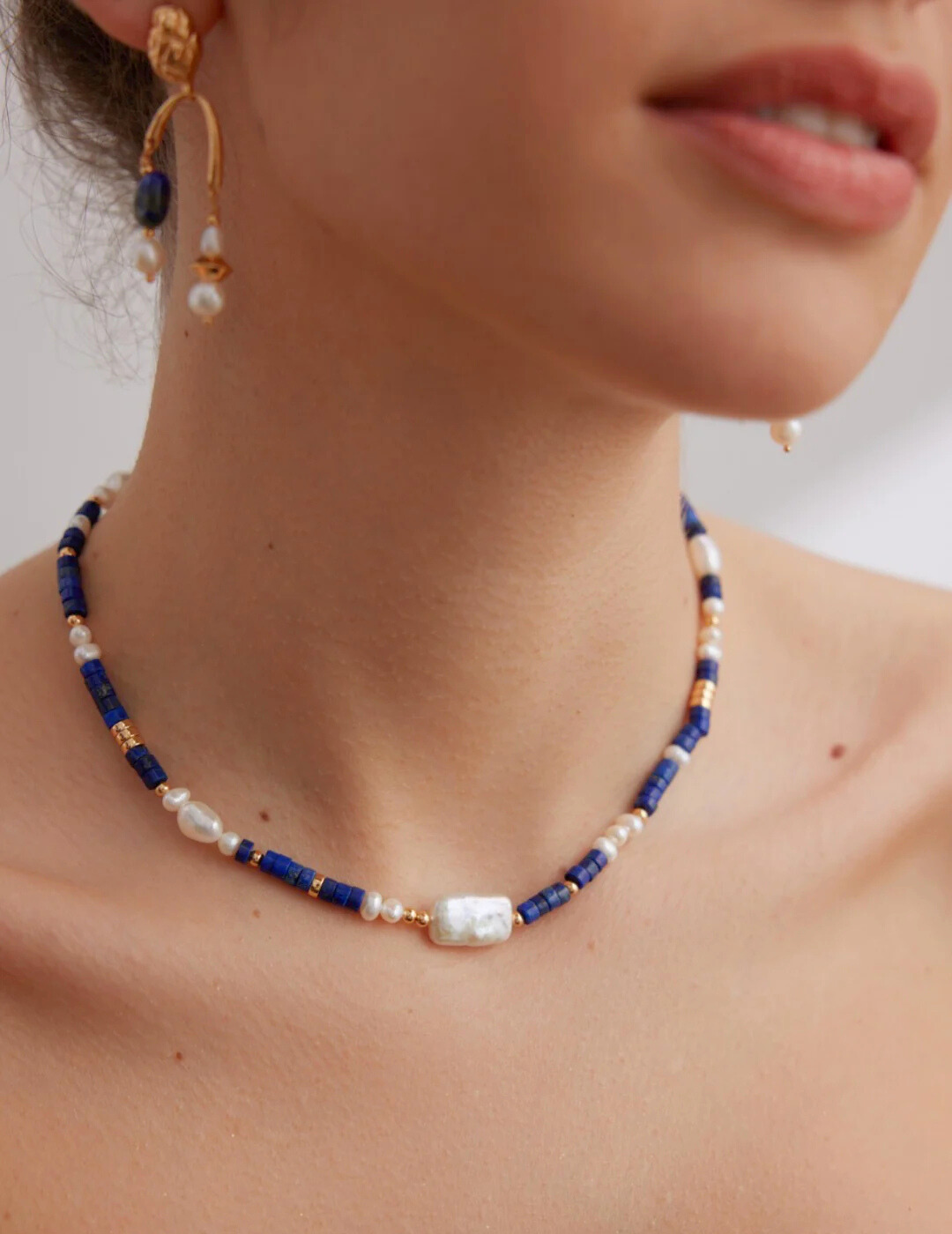 Navy Blue Lapis Lazuli Beads with Baroque Pearls Necklace