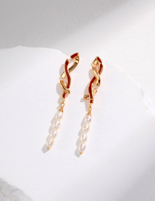 Ribbon Geometrical Pearl Drop Earrings