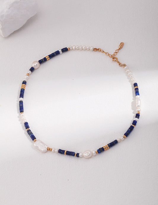 Navy Blue Lapis Lazuli Beads with Baroque Pearls Necklace