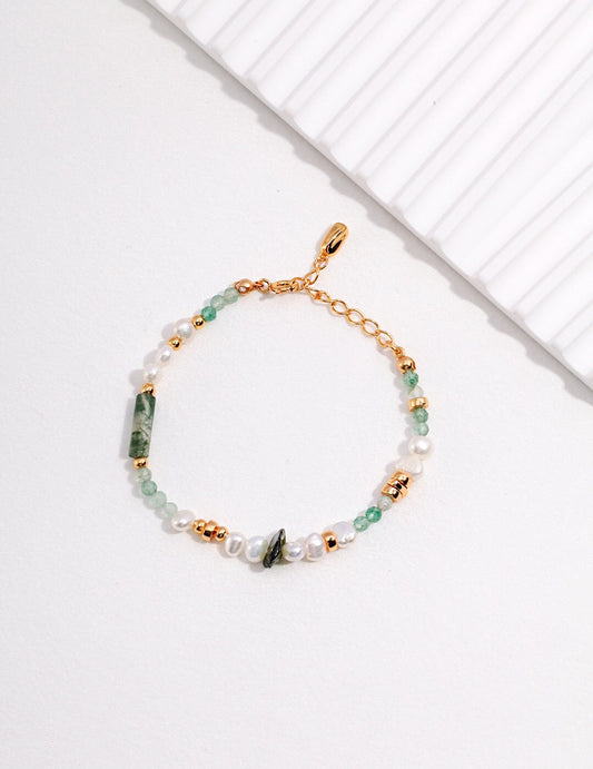 Moss Agate & Green Strawberry Quartz Pearl Bracelet