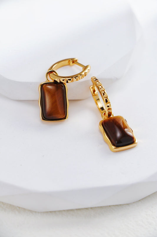 Rectangle Shape Tiger Eye Gemstone Drop Earrings