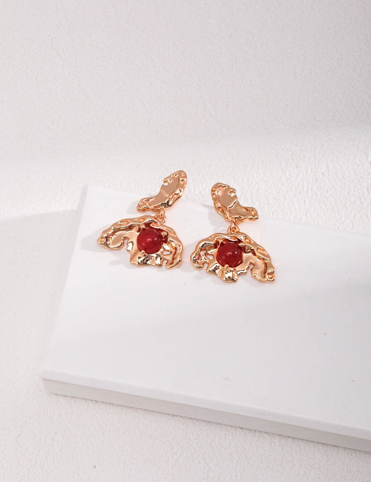 Gold Bird Red Agate Earrings