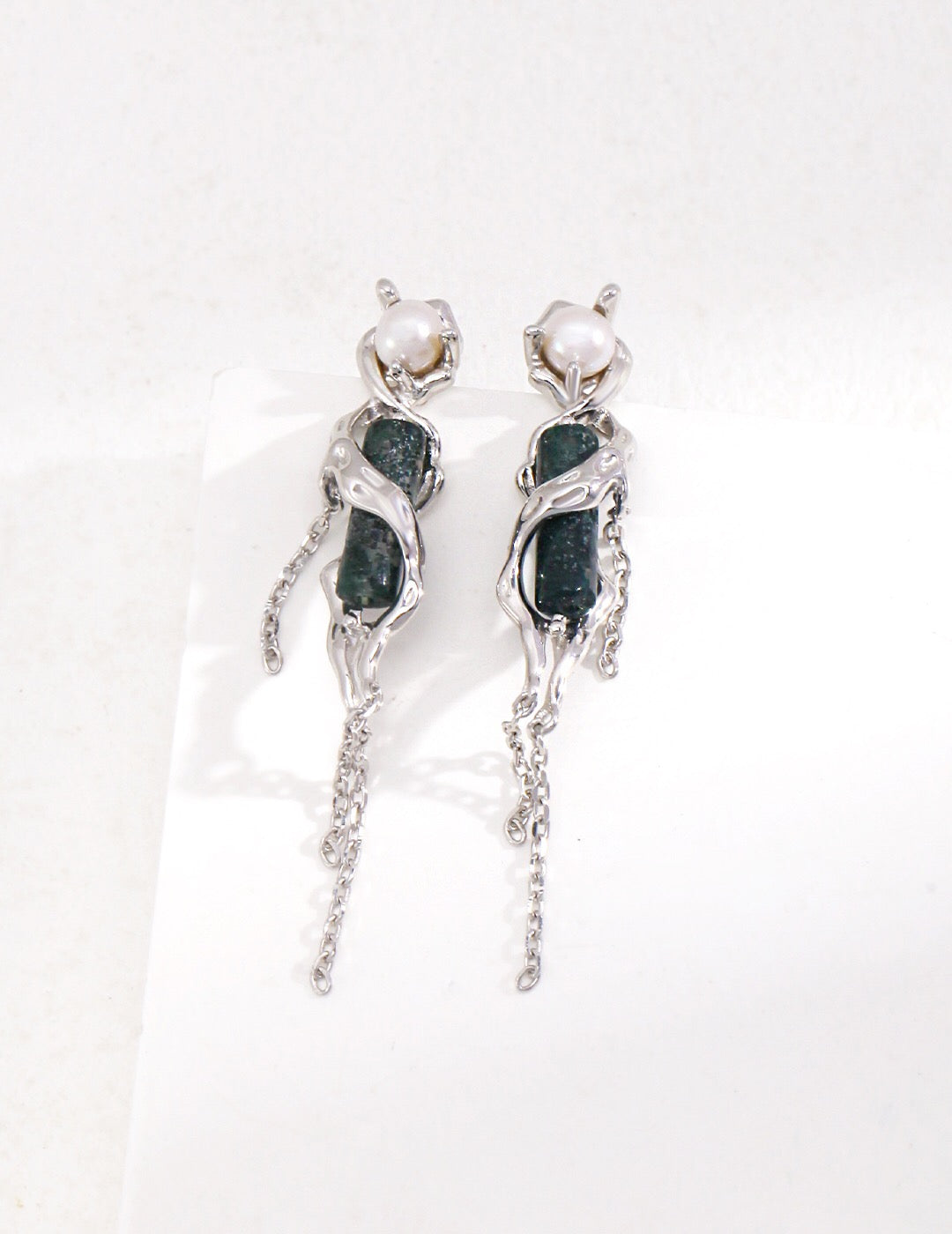 Aquatic Agate Gemstone Pearl Drop Earrings