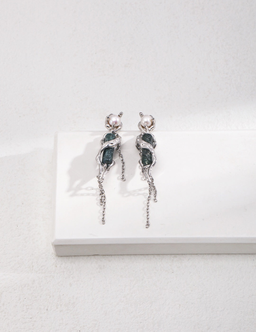 Aquatic Agate Gemstone Pearl Drop Earrings