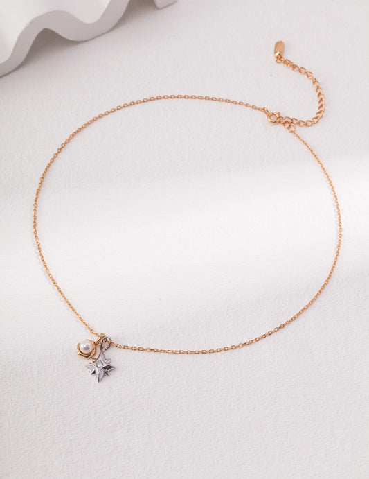 Dainty Star and Moon Pearl Necklace