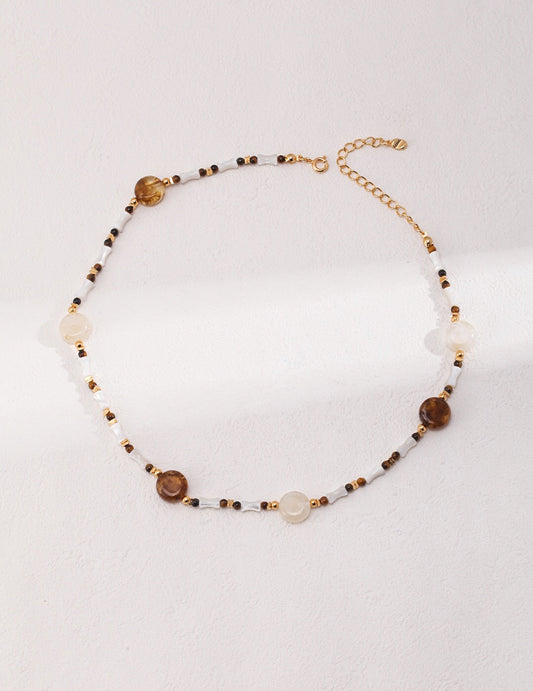 Brown Tiger Eye Stone Shell Beaded Necklace