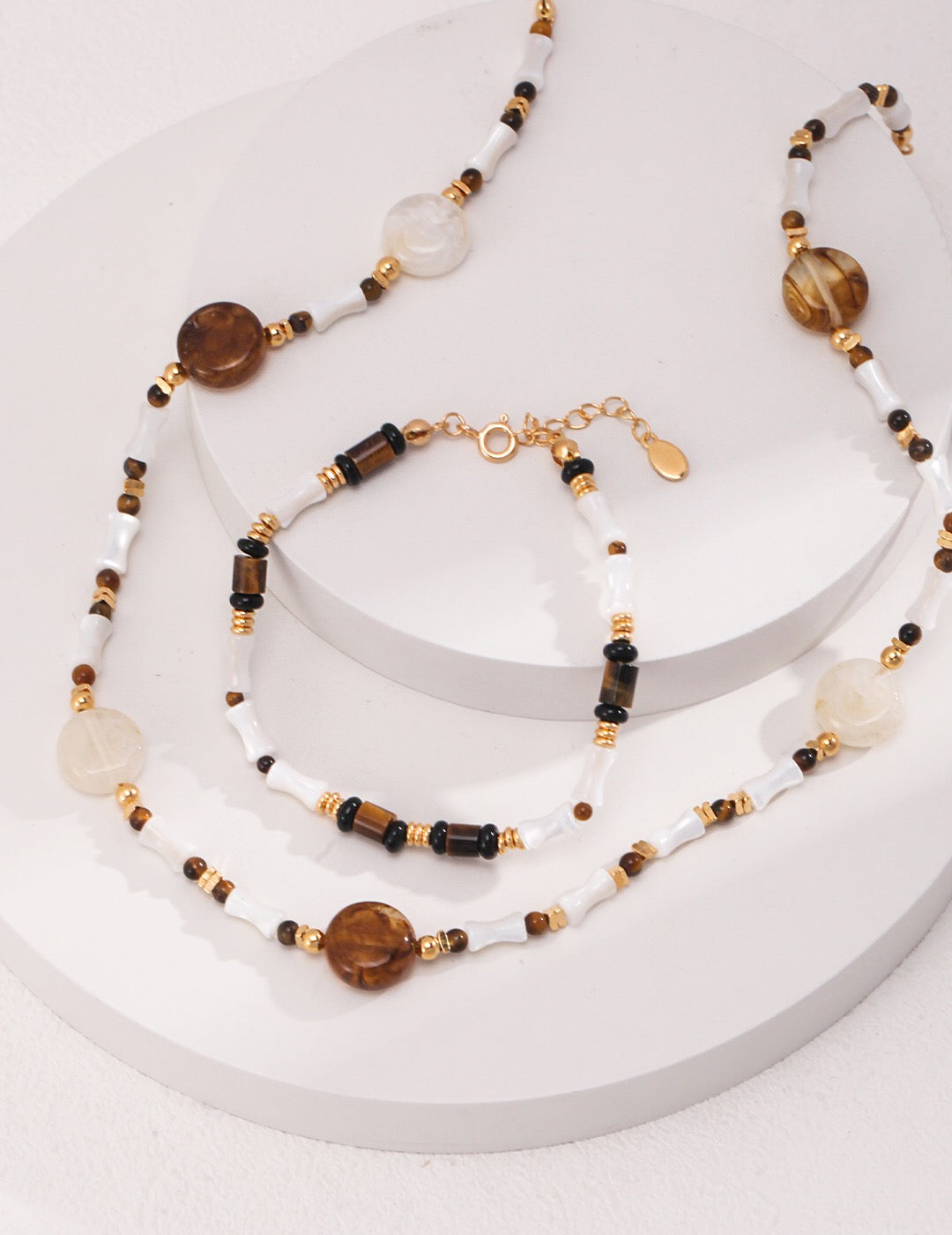 Brown Tiger Eye Stone Shell Beaded Necklace