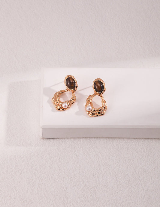 Natural Tiger Eye Pearl Drop Earrings