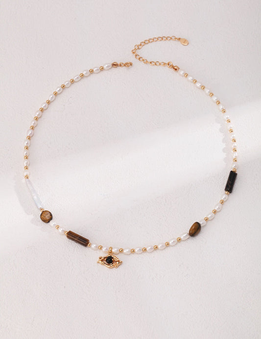 Vintage Gold Pearl Tiger Eye Beaded Necklace