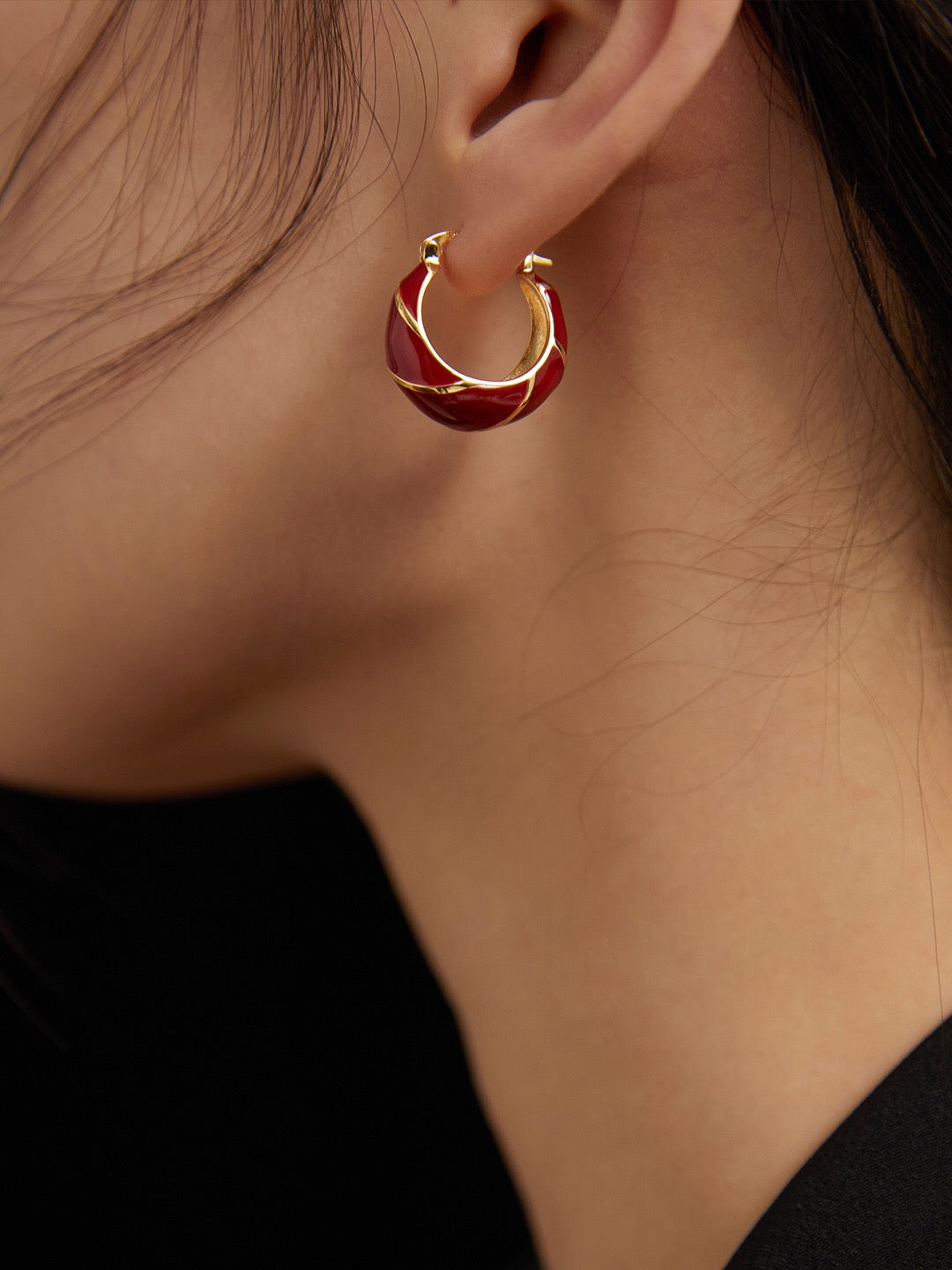 Festive Red Glazed Hoops Earrings