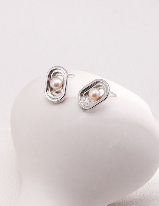 Oval Hollow Pearl Stud Earrings in sterling silver by Fernovia Design – minimalist nature‑inspired design