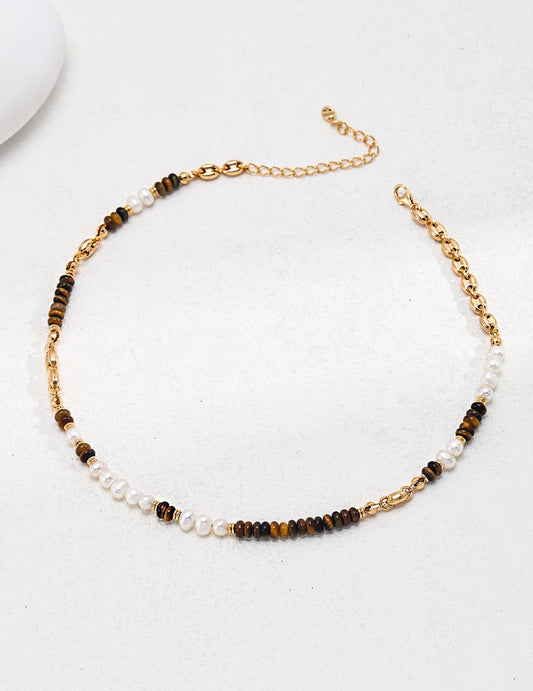 Tiger Eye With Pearl Beaded Necklace