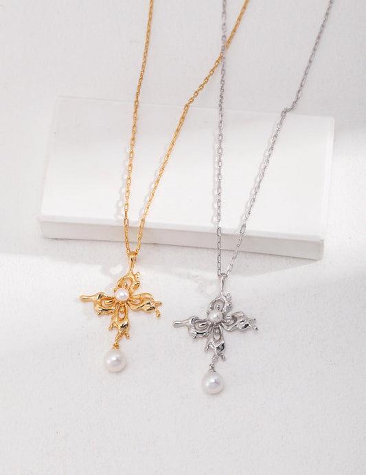 Cross Shaped Butterfly Pearl Necklace