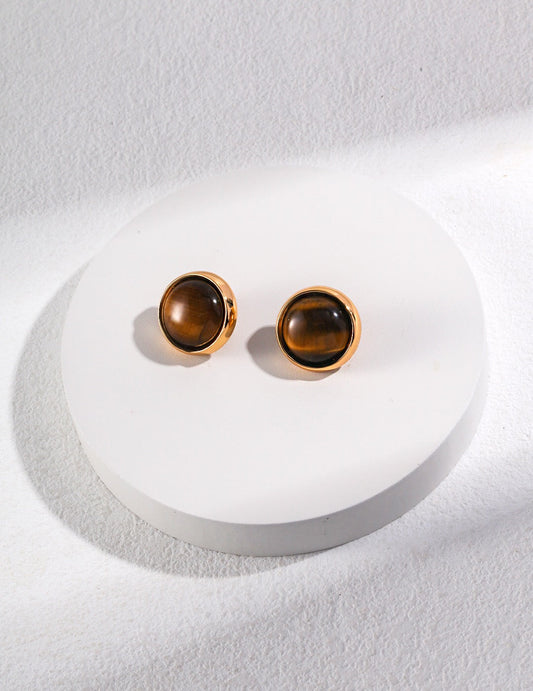 Natural Round Tiger Eye Stone Stud Earrings