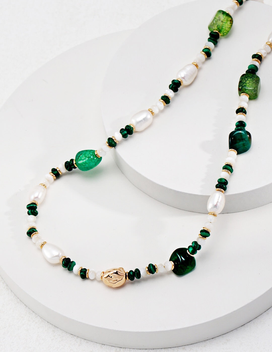 Green Agate With Pearl Beaded Necklace