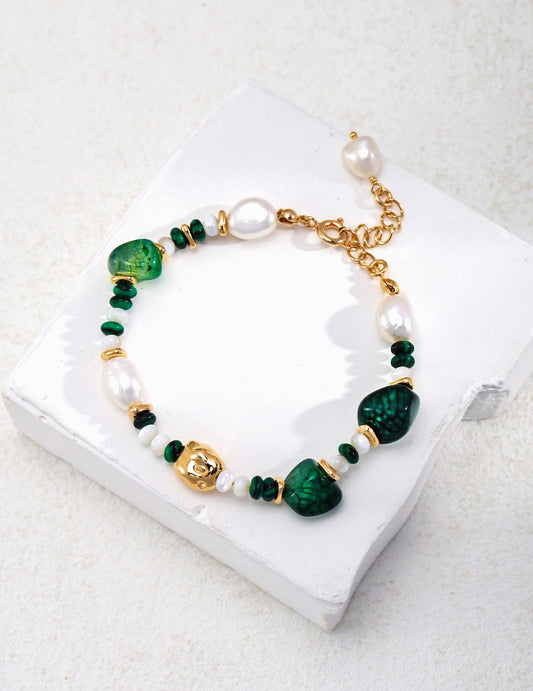 Green Agate With Pearl Beaded Bracelet