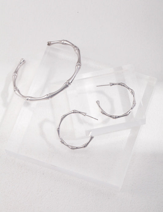 Sterling silver bamboo-inspired open hoop circle earrings