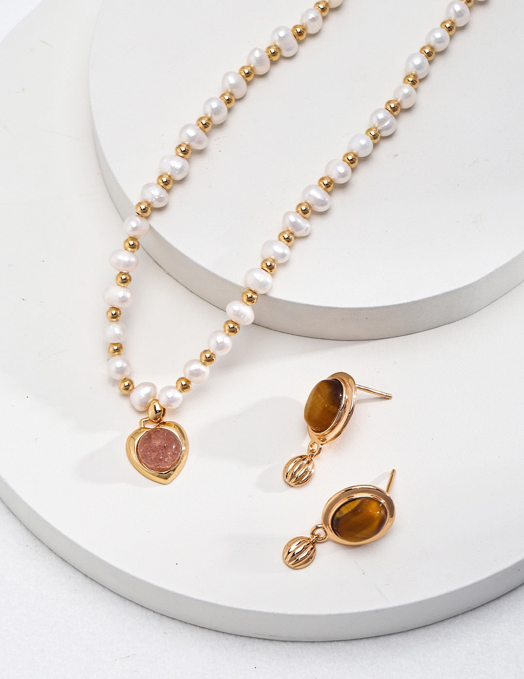 Minimalist Oval Tiger Eye Stone Pendant Earrings