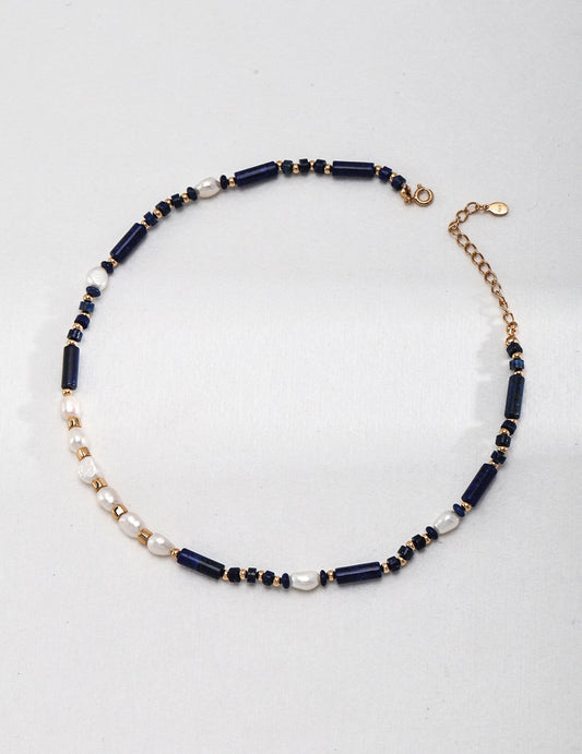 Dainty Lapis Lazuli Beaded With Pearl Necklace