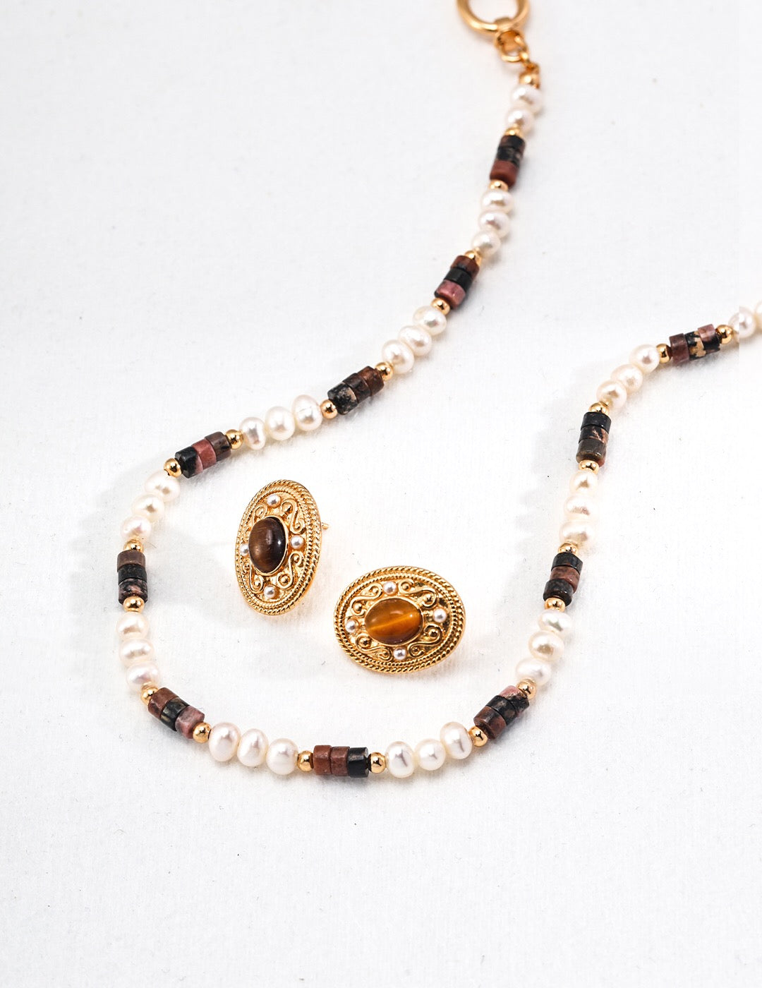 Tiger Eye Stone Pearl Necklace