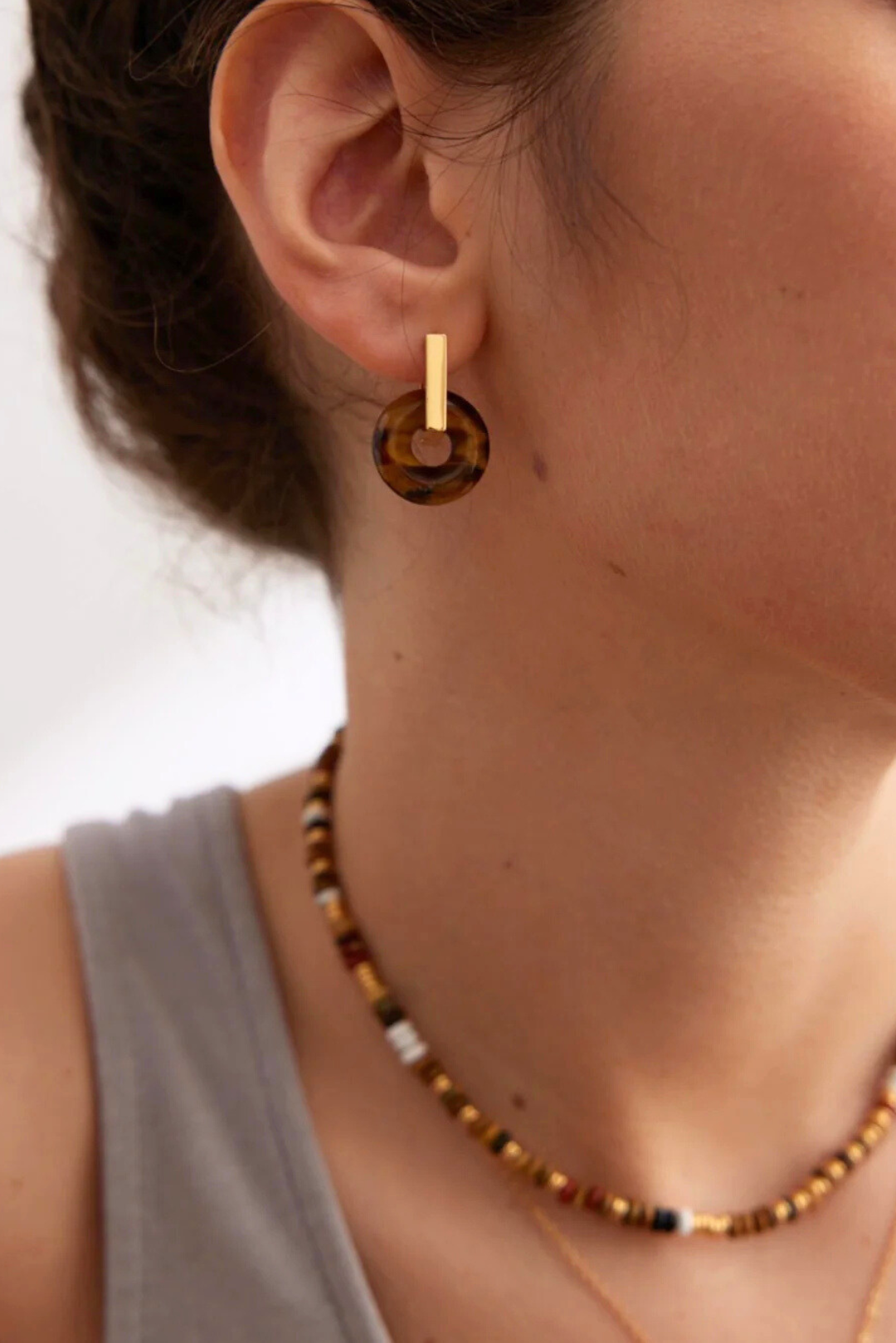 Circle Tiger Eye Stone Hoop Earrings