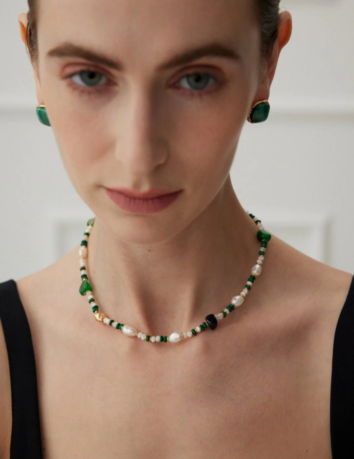 Green Agate With Pearl Beaded Necklace