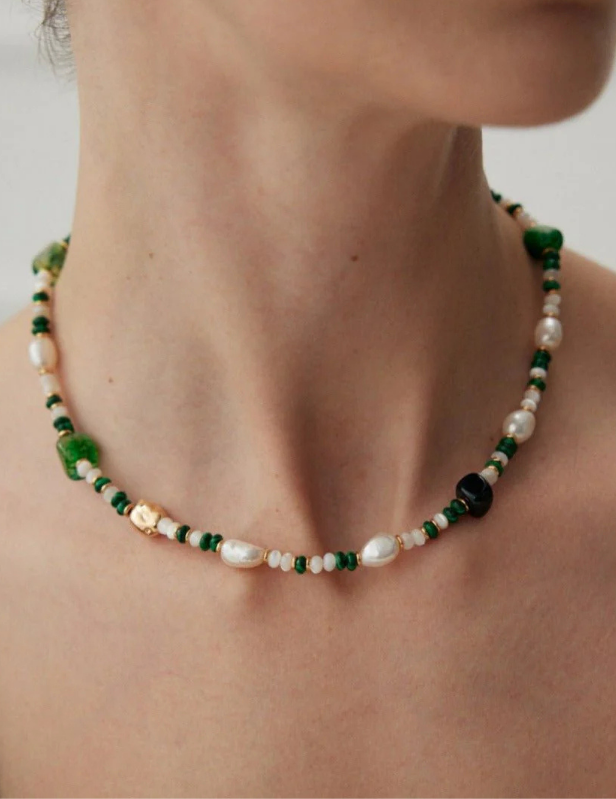 Green Agate With Pearl Beaded Necklace