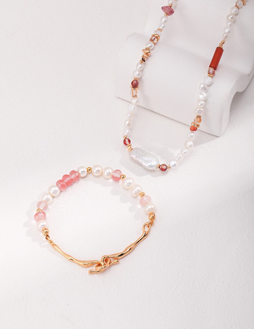 Strawberry Pink Quartz With Baroque Pearl Necklace