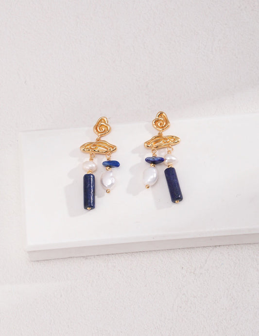 Blue Lapis Lazuli Gemstone With Pearls Earrings