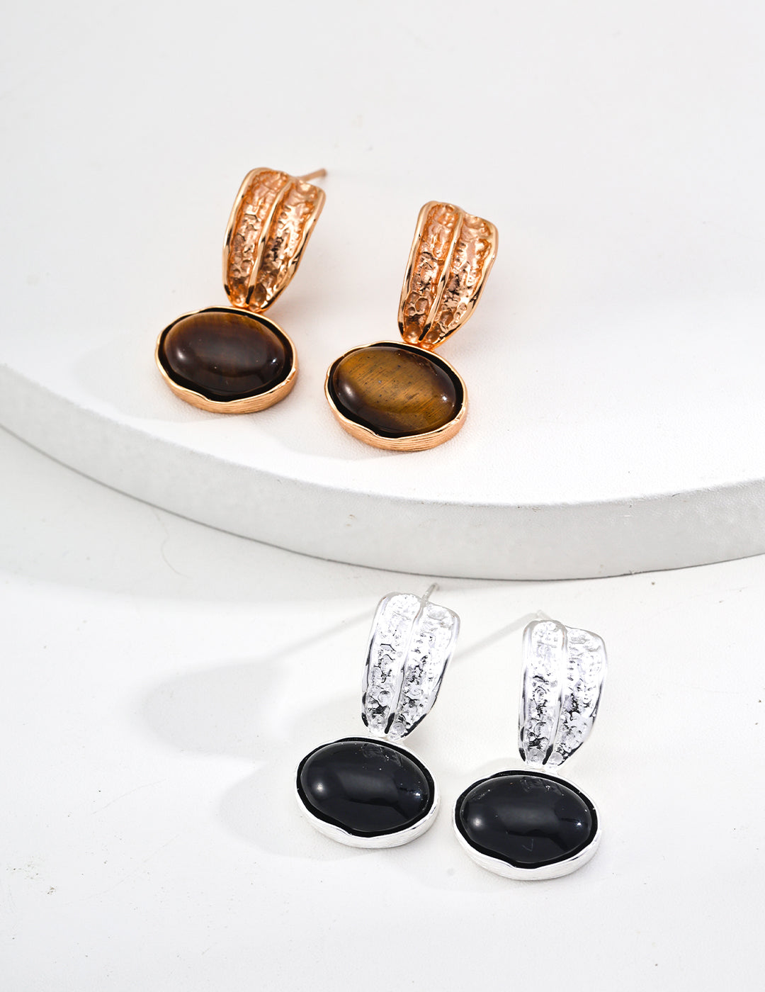 Retro Onyx & Tiger Eye Hoop Earrings