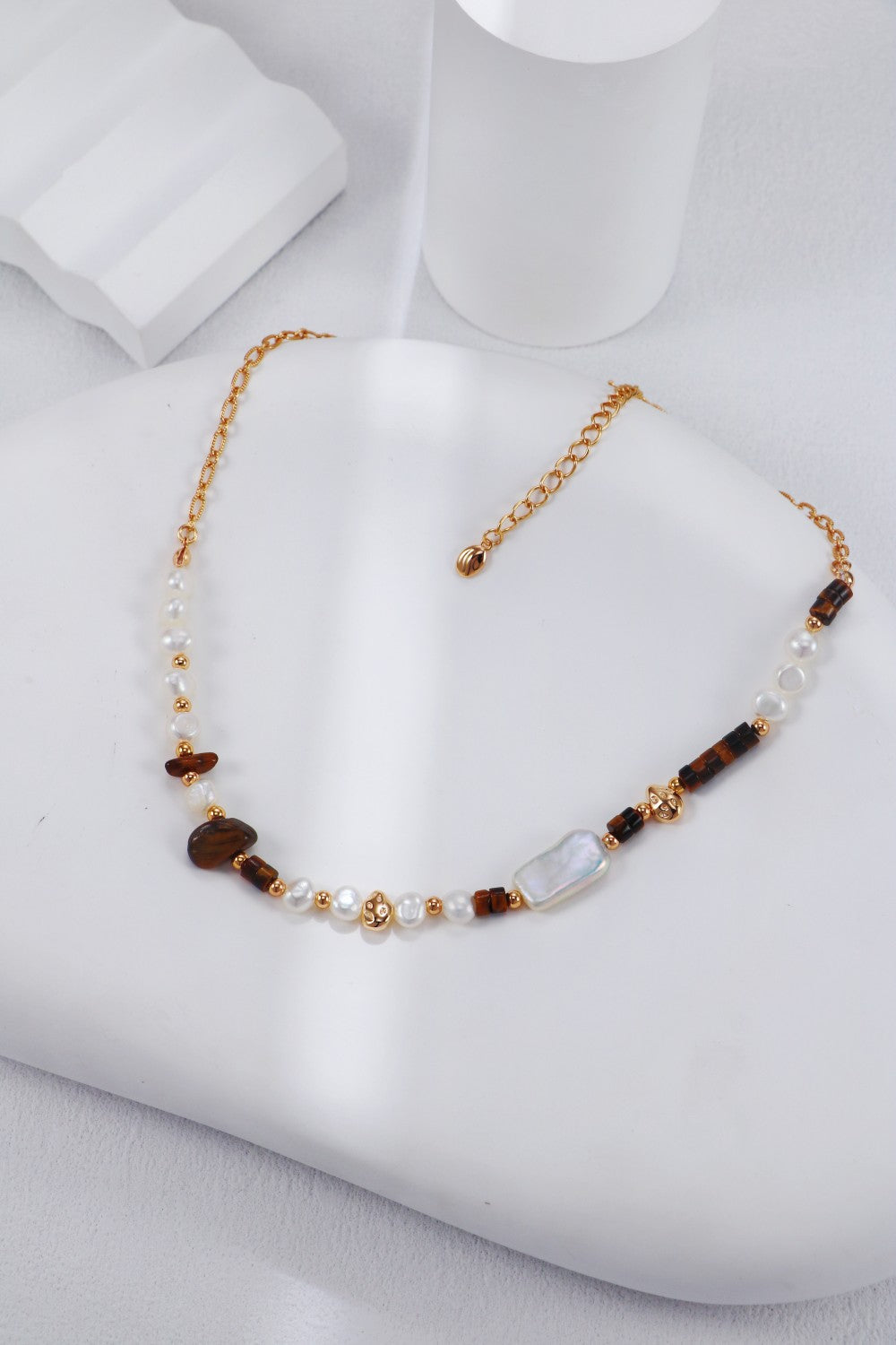 Tiger Eye / Jade Stone Pearl Beaded Necklace