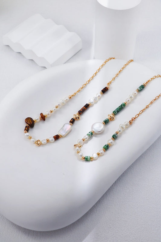 Tiger Eye / Jade Stone Pearl Beaded Necklace