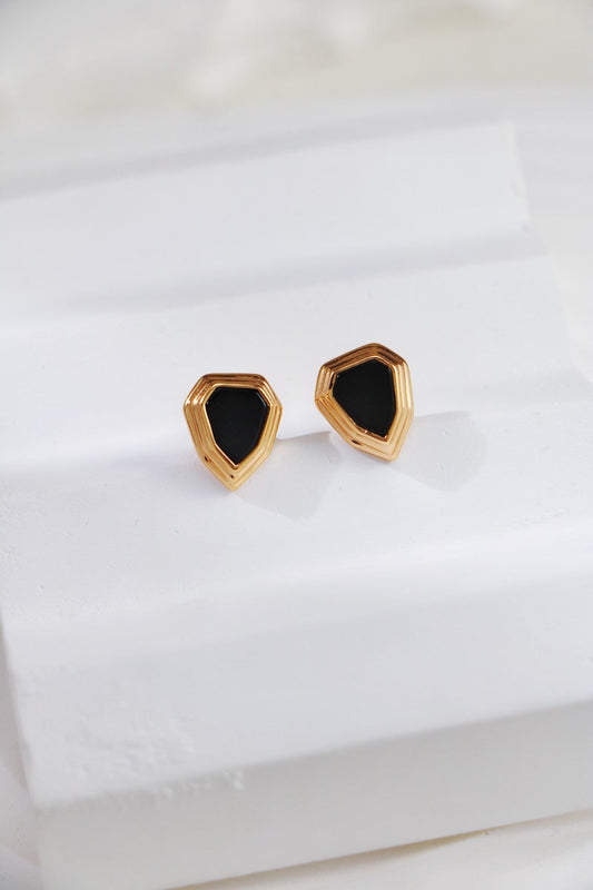 Shield design black onyx stud earrings by Fernovia Design gold vermeil close‑up