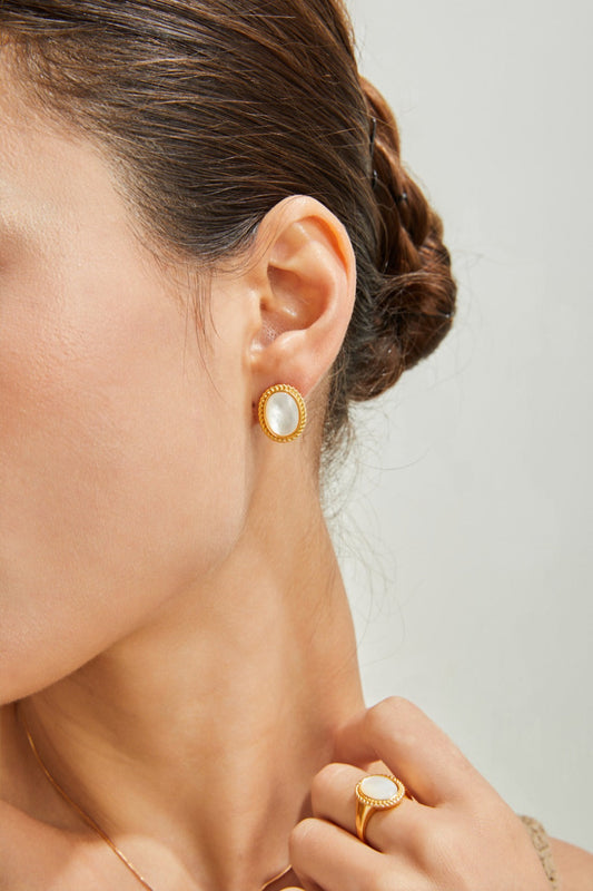 Oval White Shell Stud Earrings