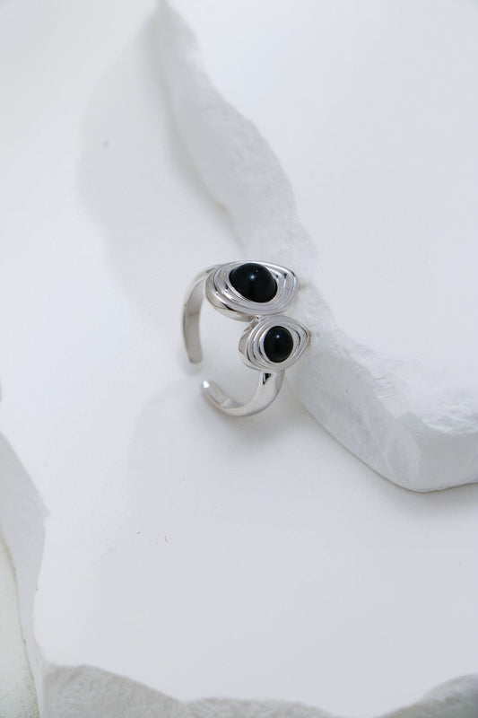 Hand-crafted adjustable black agate ring – sterling silver finish, nature-inspired