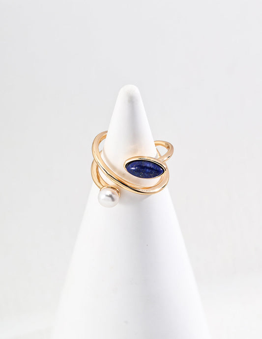 Modern Pearl and Lapis Lazuli Statement Ring